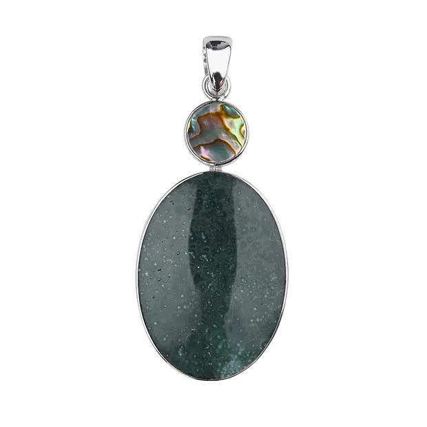 Ciondolo Calcedonio (verde) ovale (35 x 24 mm), Conchiglia Paua, 5,8 cm, rodiato | Marco Schreier