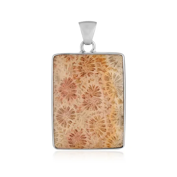 Pendentif Corail fossilisé, rectangle (29 x 22mm), 4,0cm, rhodié | Marco Schreier