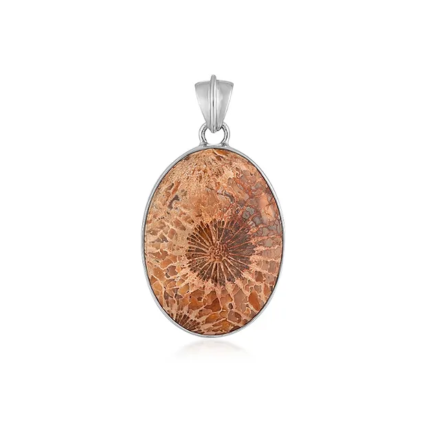 Pendentif Corail fossilisé AAA, Ovale (30 x 23mm), 4,2cm, rhodié | Marco Schreier