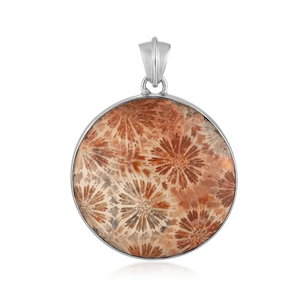 Pendentif Corail fossilisé AAA, rond (25mm), 3,8cm, rhodié | Marco Schreier