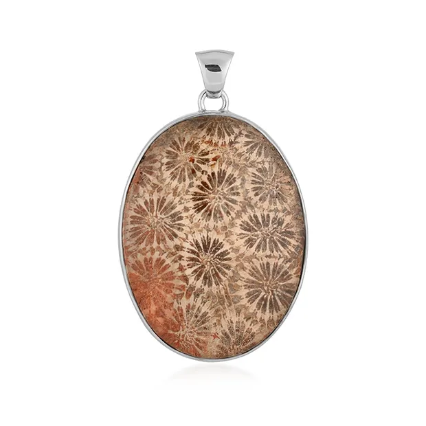 Pendentif Corail fossilisé AAA, ovale (45 x 30mm), 5,5cm, rhodié | Marco Schreier