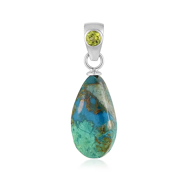 Pendant chrysocolla (stab.), drop (20 x 14mm), Peridote, 3.5cm, rhodiniert | Marco Schreier