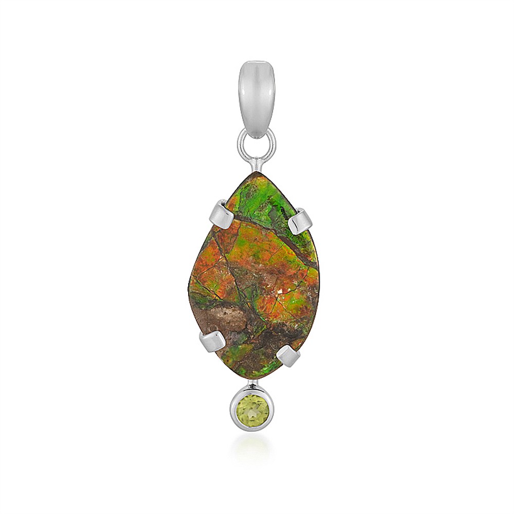 Pendente in Ammolita, forma libera (24 x 15 mm), Peridoto, 4,4 cm, rodiato | Marco Schreier