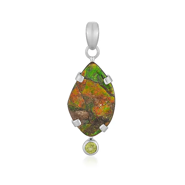 Anhänger Ammolith, Freeform, Peridot, 4,4cm, rhodiniert | Marco Schreier