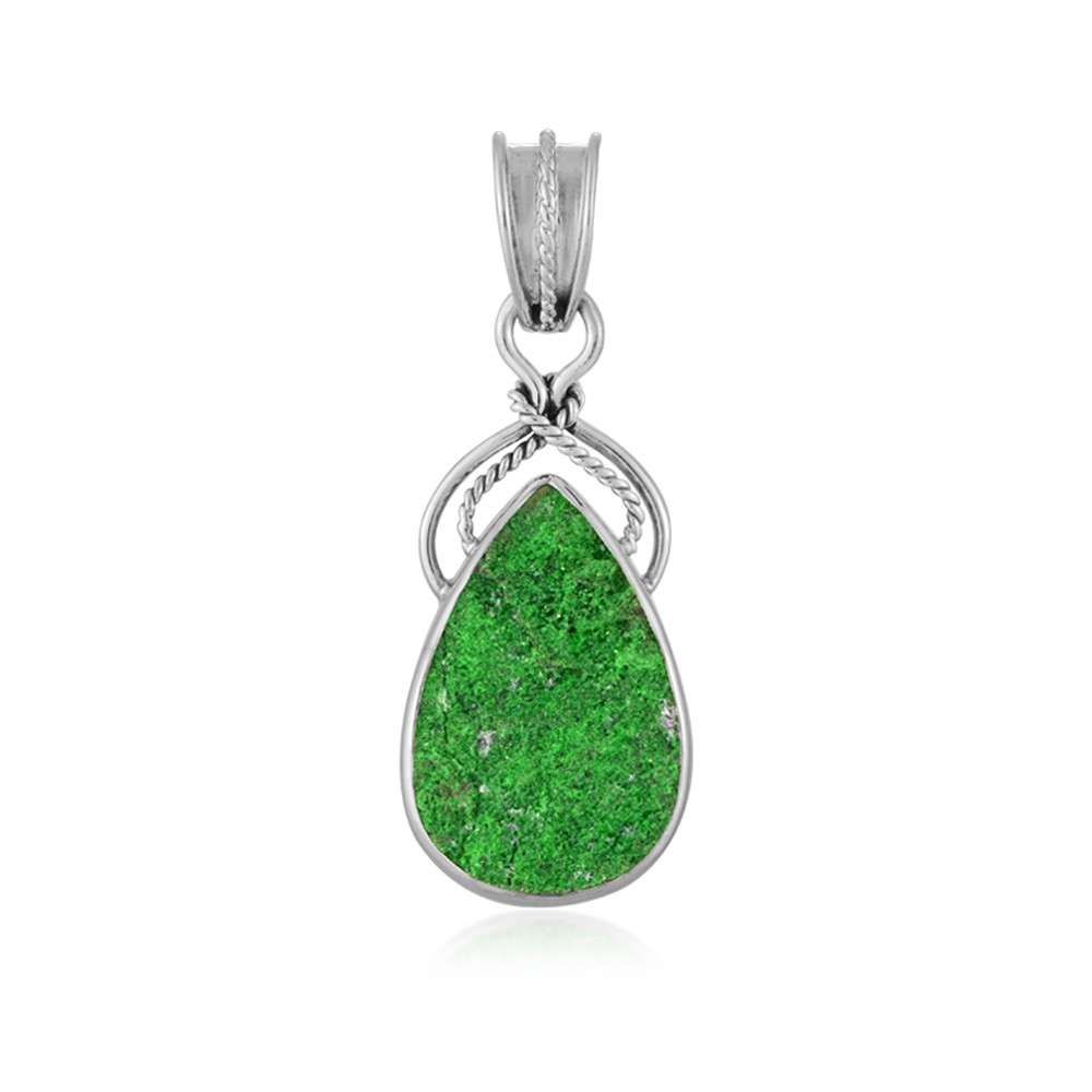 Uvarovite pendant, drop (24 x 16mm), 4.3cm, rhodiniert | Marco Schreier