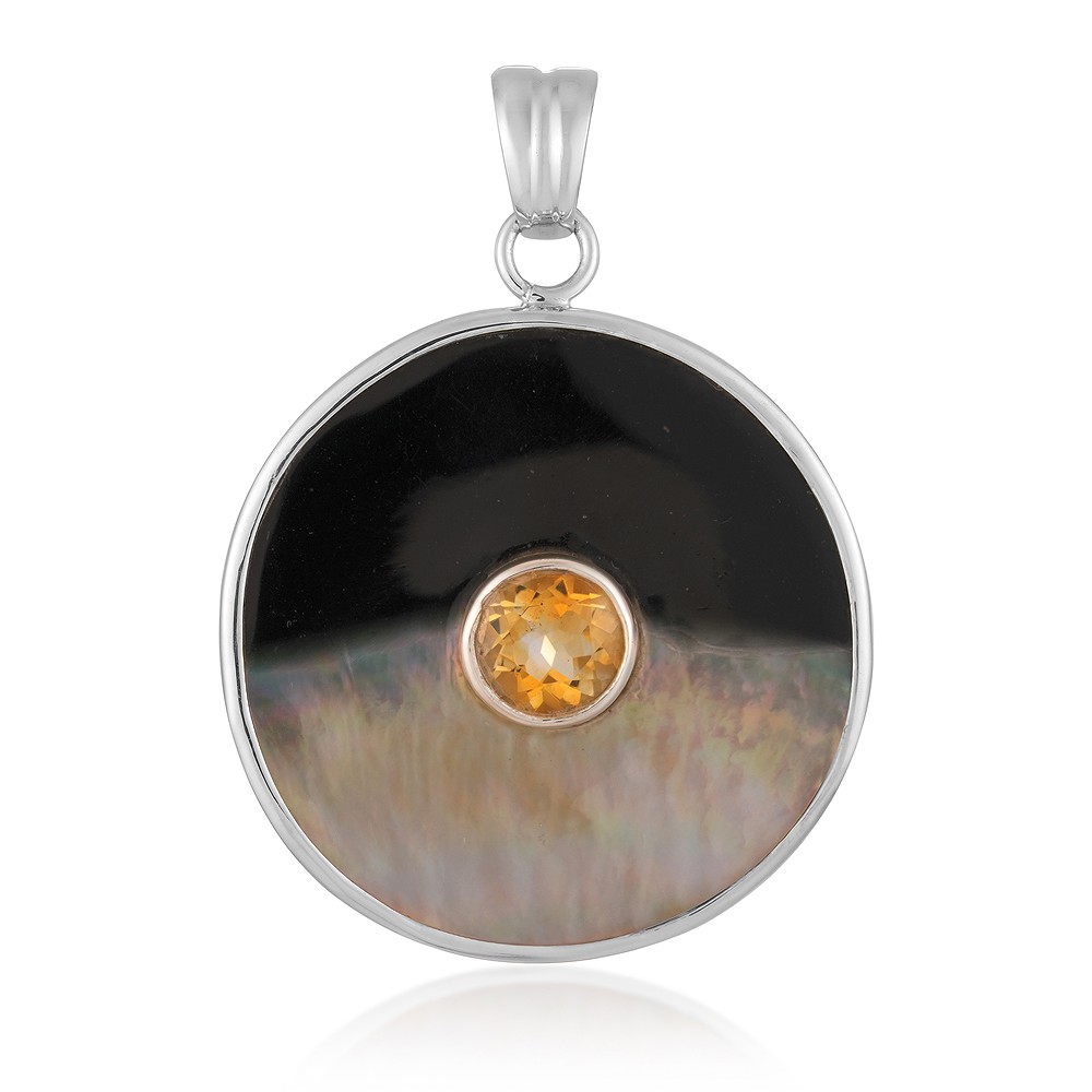 Anhänger Perlmutt, Yin Yang rund (30mm), Citrin, 4,1cm, rhodiniert | Marco Schreier