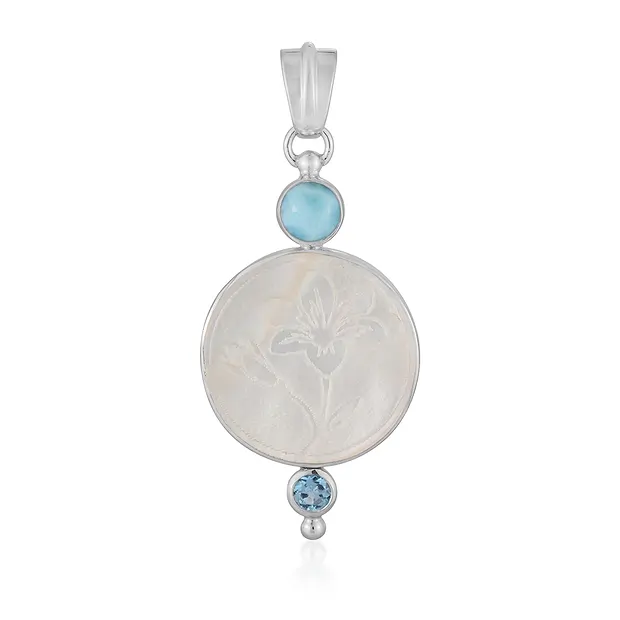 ANhänger Perlmutt, Blume (20mm), Larimar, Topas, 4,5cm, rhodiniert | Marco Schreier