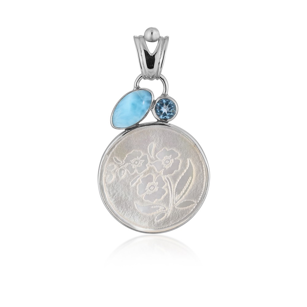 Anhänger Perlmutt, Blume (20mm), Larimar, Topas, 5,4cm, rhodiniert | Marco Schreier