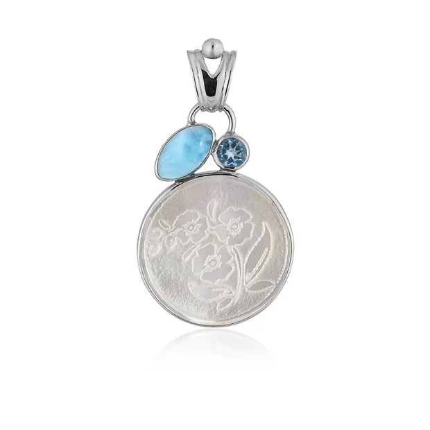 Anhänger Perlmutt, Blume (20mm), Larimar, Topas, 5,4cm, rhodiniert | Marco Schreier