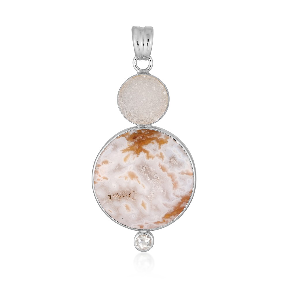 Anhänger Caramel-Druzy, rund (24mm), Druzy, Topas, 5,1cm, rhodiniert | Marco Schreier