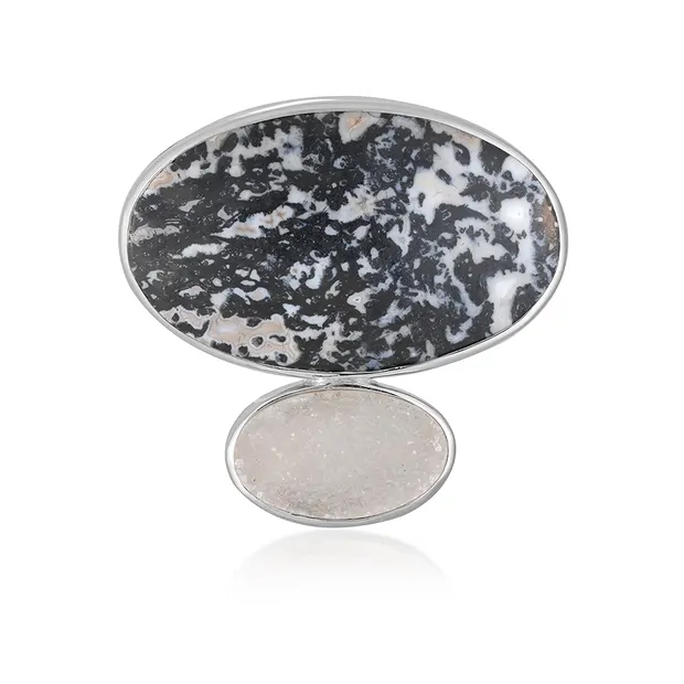 Anhänger Palmholz schwarz/weiß, Oval (18 x 30mm), Druzy, 3,0cm, rhodiniert | Marco Schreier