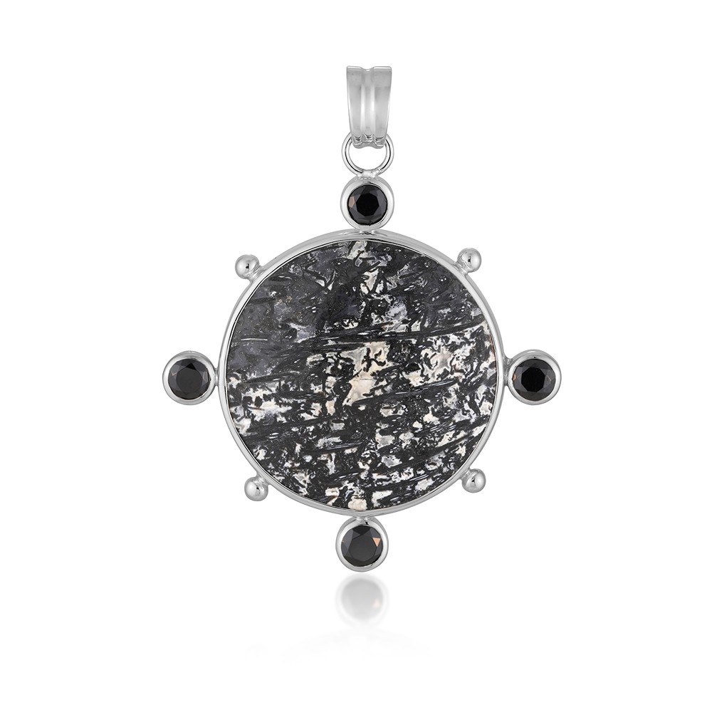 Pendant palm wood black/white, round (26mm), 4.5cm, rhodiniert | Marco Schreier