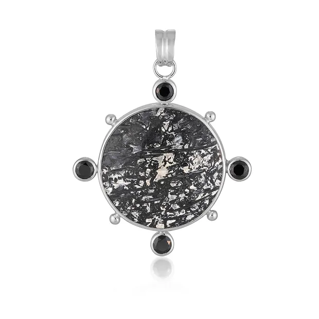 Pendentif bois de palmier noir/blanc, rond (26mm), 4,5cm, rhodié | Marco Schreier