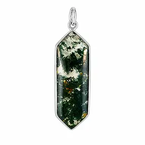 Pendentif en agate mousse, hexagonal (30 × 10 mm), 3,5 cm, rhodié | Marco Schreier
