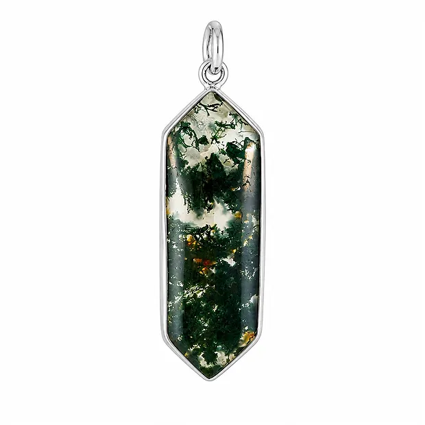Pendentif en agate mousse, hexagonal (30 × 10 mm), 3,5 cm, rhodié | Marco Schreier