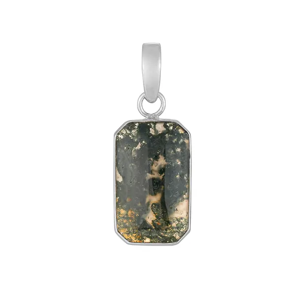Pendentif en agate mousse, rectangulaire (22 × 13 mm), 3,5 cm, rhodié | Marco Schreier