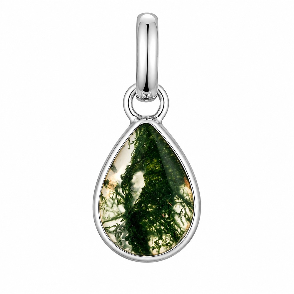 Pendentif en agate mousse, forme goutte (11 × 9 mm), 2,2 cm, rhodié | Marco Schreier