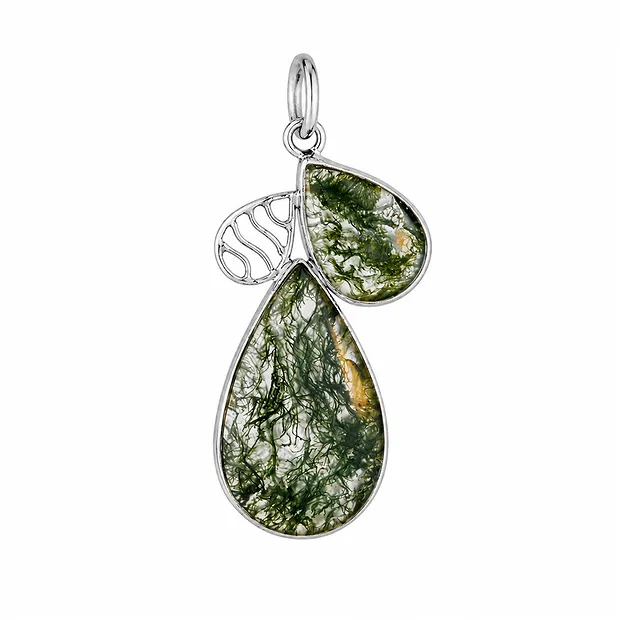 Pendentif en agate mousse, forme goutte (27 × 16 mm et 16 × 11 mm), 4,7 cm, rhodié | Marco Schreier