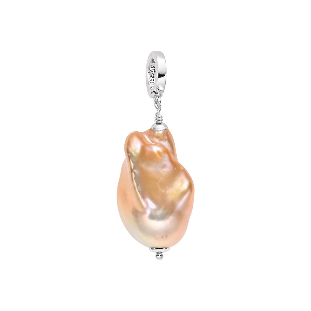 Salmon-colored pearl pendant, baroque, freeform (18x10 mm), 3.5 cm, rhodiniert | Marco Schreier