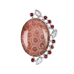 242023210605 Anhänger versteinerte Koralle, Oval (30 x 21mm), Granat, Topas, 4,3cm, platiniert | Marco Schreier