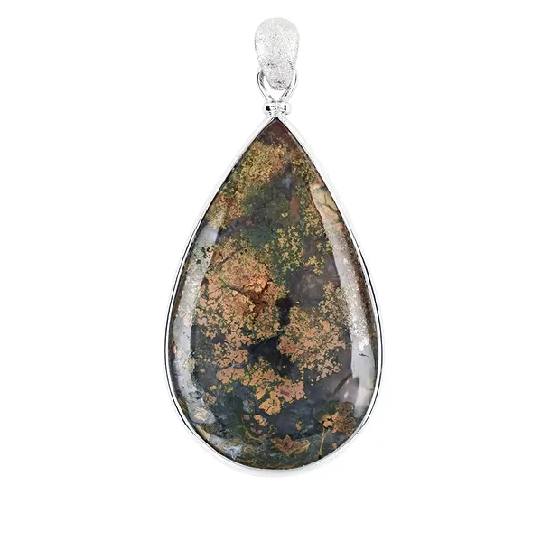 Moss Agate pendant, drop (45 x 25mm), 5.8cm, platinum plated | Marco Schreier