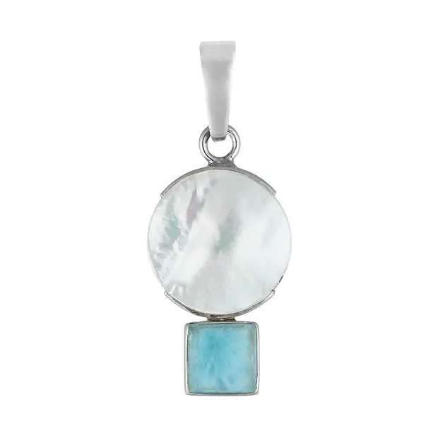Anhänger Larimar, Quadrat, Perlmutt rund, 3,3cm, platiniert | Marco Schreier