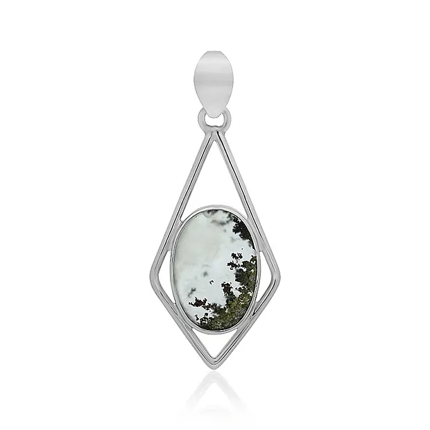 Pendentif Agate mousse (verte), ovale (20 x 13mm), 5,0cm, platiné | Marco Schreier