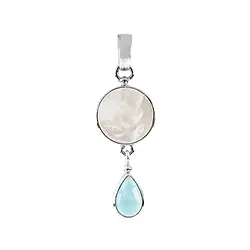 242023230029 Pendentif nacre ronde (12mm), Larimar en gouttes (9 x 6mm), 3,7cm, platiné | Marco Schreier