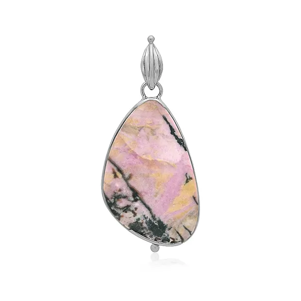 Rhodonite pendant, drop (40 x 26mm), 5.6cm, platinum plated | Marco Schreier