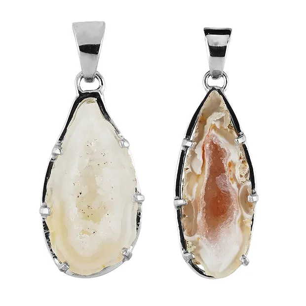 Pendentif Agate Géodes, goutte (26 x 11mm), 4,0cm, platiné | Marco Schreier