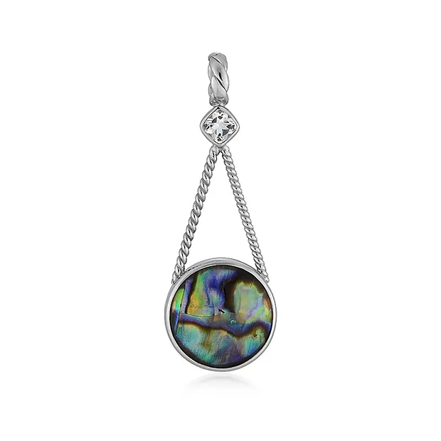 Paua shell pendant, round (14.5mm), 4.0cm, platinum plated | Marco Schreier