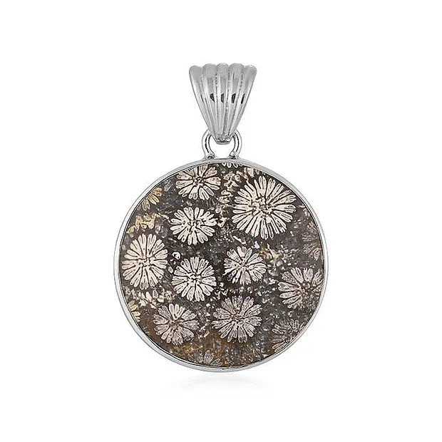 Pendentif Corail fossilisé, rond (30mm), 4,2cm, platiné | Marco Schreier