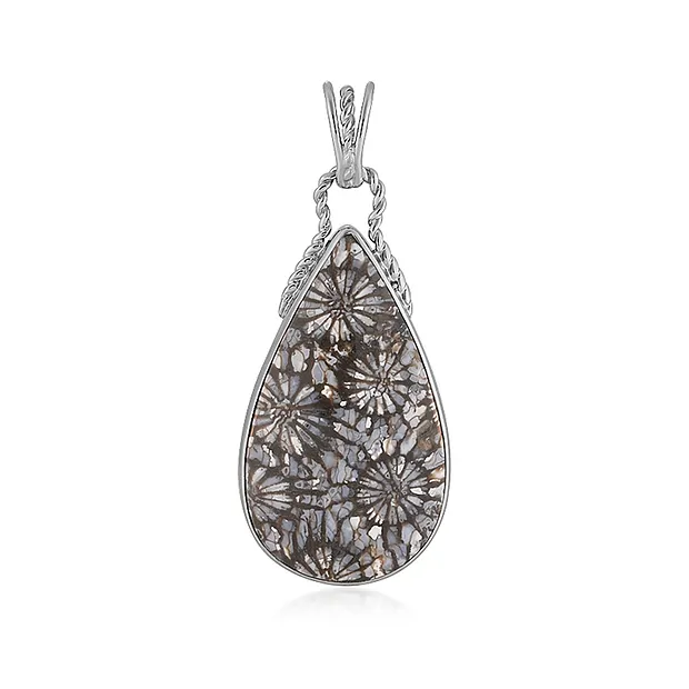 Pendentif Corail fossilisé, goutte (35 x 20mm), 4,7cm, platiné | Marco Schreier