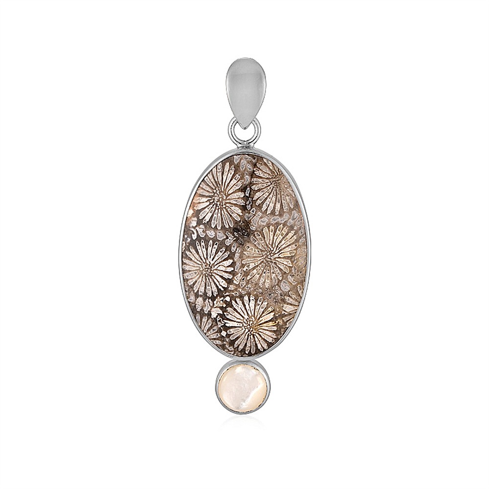 Pendentif Corail fossilisé, Ovale (30 x 19mm), Nacre, 3,3cm | Marco Schreier