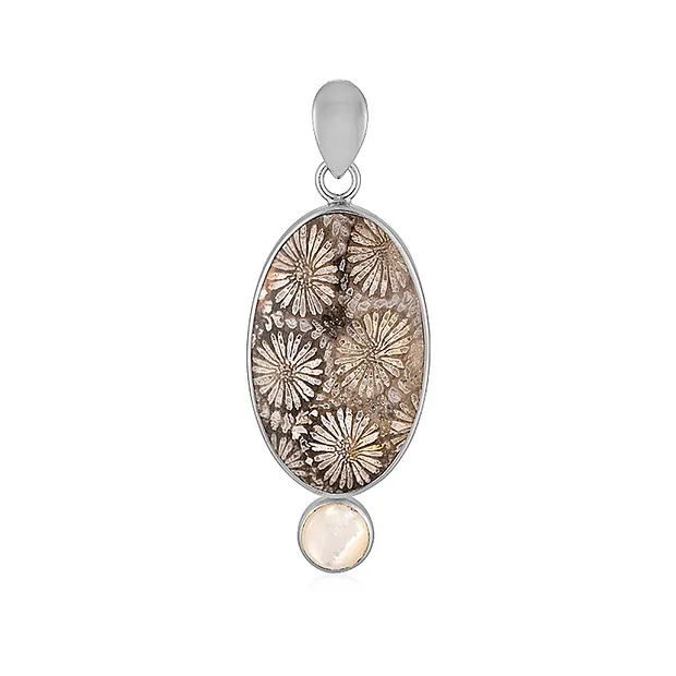 Anhänger versteinerte Koralle, Oval (30 x 19mm), Perlmutt, 3,3cm | Marco Schreier