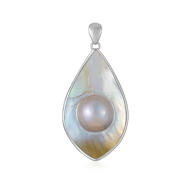 Pendant Mabé pearl, drop long (45 x 35mm), 5.8cm, platinum plated | Marco Schreier