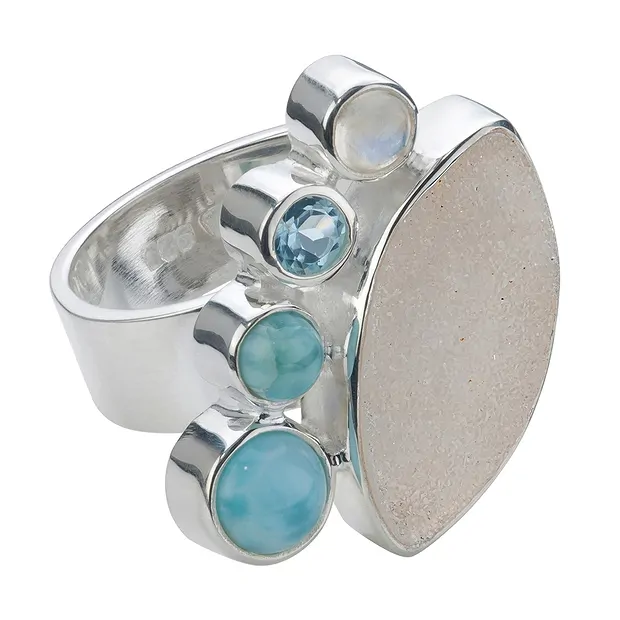 Bague Agate Druzy, Larimar, Topaze, Labradorite (blanche), taille 55 | Marco Schreier