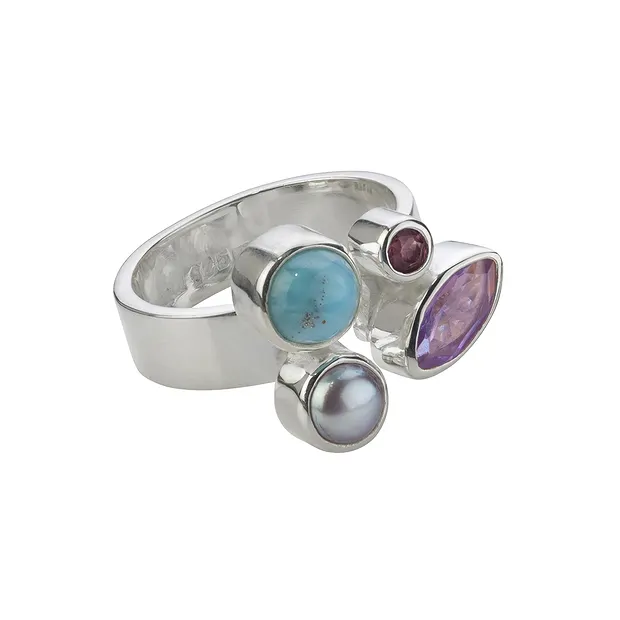 Ring Larimar, amethyst, tourmaline, pearl (dyed), size 57 | Marco Schreier