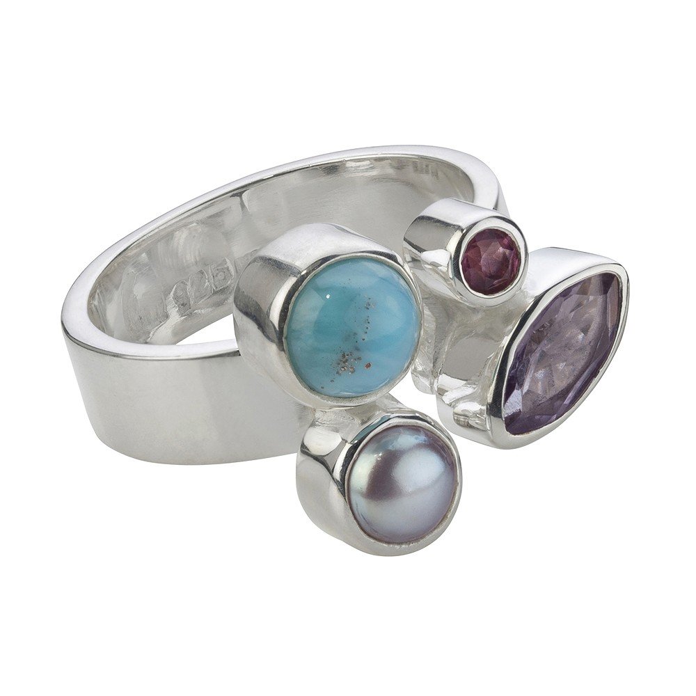 Ring Larimar, Amethyst, Turmalin, Perle (gef.), Gr. 61 | Marco Schreier