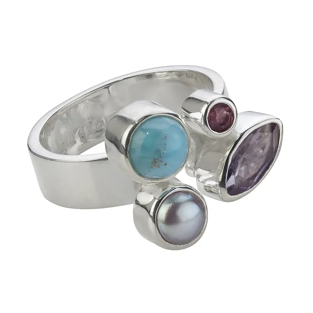 Ring Larimar, amethyst, tourmaline, pearl (dyed), size 61 | Marco Schreier