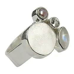 243005150018 Bague Agate-Druzy, Topaze, Labradorite (blanche), Perle (teintée), taille 57 | Marco Schreier