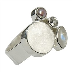 243005150019 Anello in agata druzy, topazio, labradorite (bianca), perla (incastonata), misura 59 | Marco Schreier