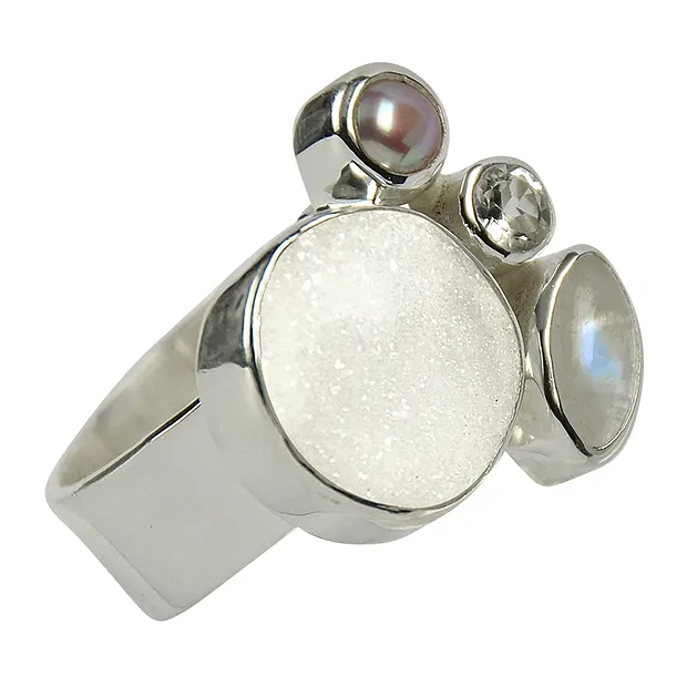 Ring Achat-Druzy, Topas, Labradorit weiß, Perle (gef.), Gr. 59 | Marco Schreier