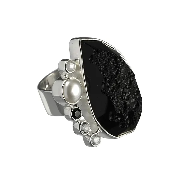 Bague Tectite, Topaze blanche, Spinelle noire, perle taille 55 | Marco Schreier