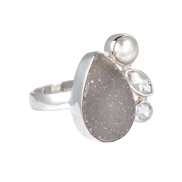 Anello Agata druzy, perla, topazio, labradorite, misura 57 | Marco Schreier