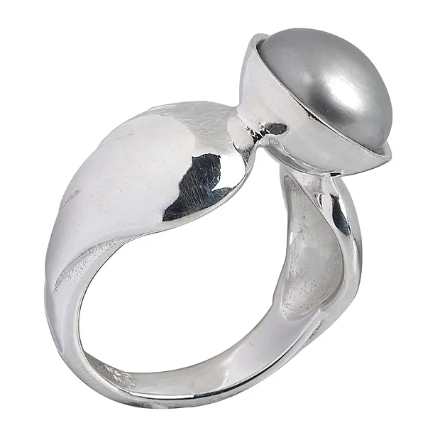 Bague perle grise, ailes d'ange, taille 61 | Marco Schreier