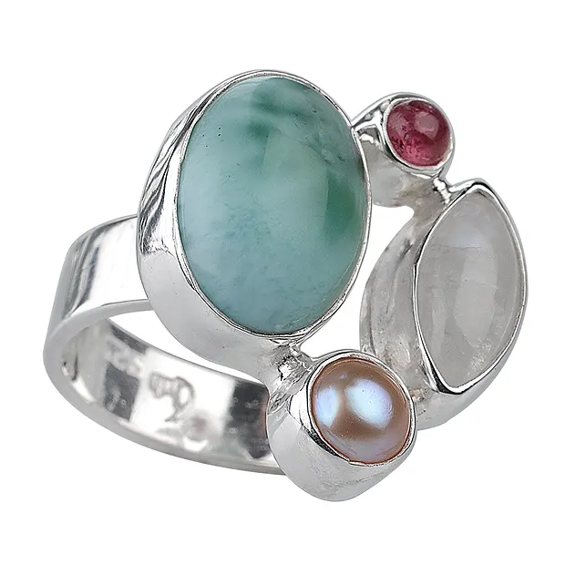 Anillo Larimar, perla, Turmalina (roja), Labradorita (blanca), talla 55 | Marco Schreier
