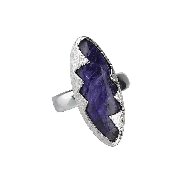Bague Navette Charoïte (25mm), taille 61, monture en zigzag | Marco Schreier