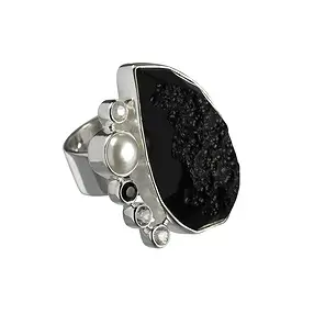 Bague Tectite, Topaze blanche, Spinelle noire, perle taille 63 | Marco Schreier