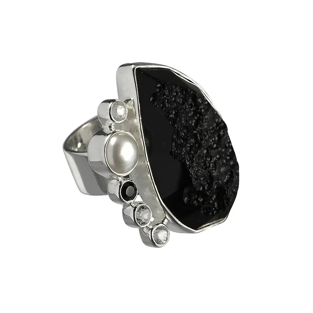 Ring Tektite, Topaz (white), Spinel black, pearl size 63 | Marco Schreier